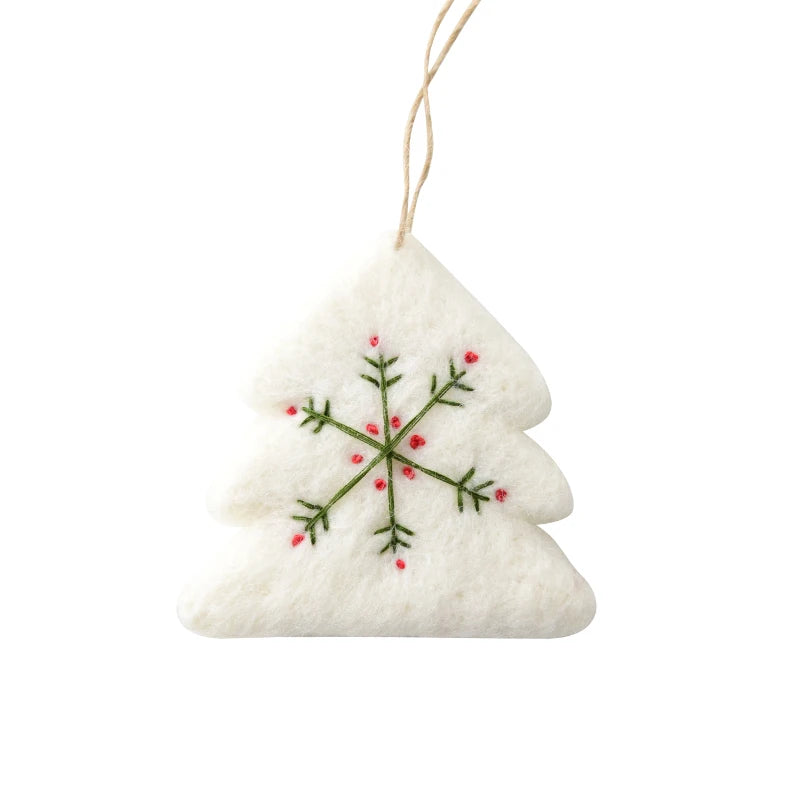 Set of Three White Christmas Handmade Embroidered Felt Mini Snowflake and Heart Christmas Tree Ornaments