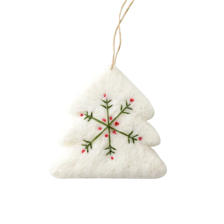 Set of Three White Christmas Handmade Embroidered Felt Mini Snowflake and Heart Christmas Tree Ornaments