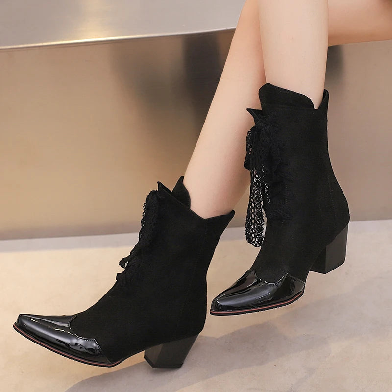 Skull Flower Lace Laces Ankle Boots