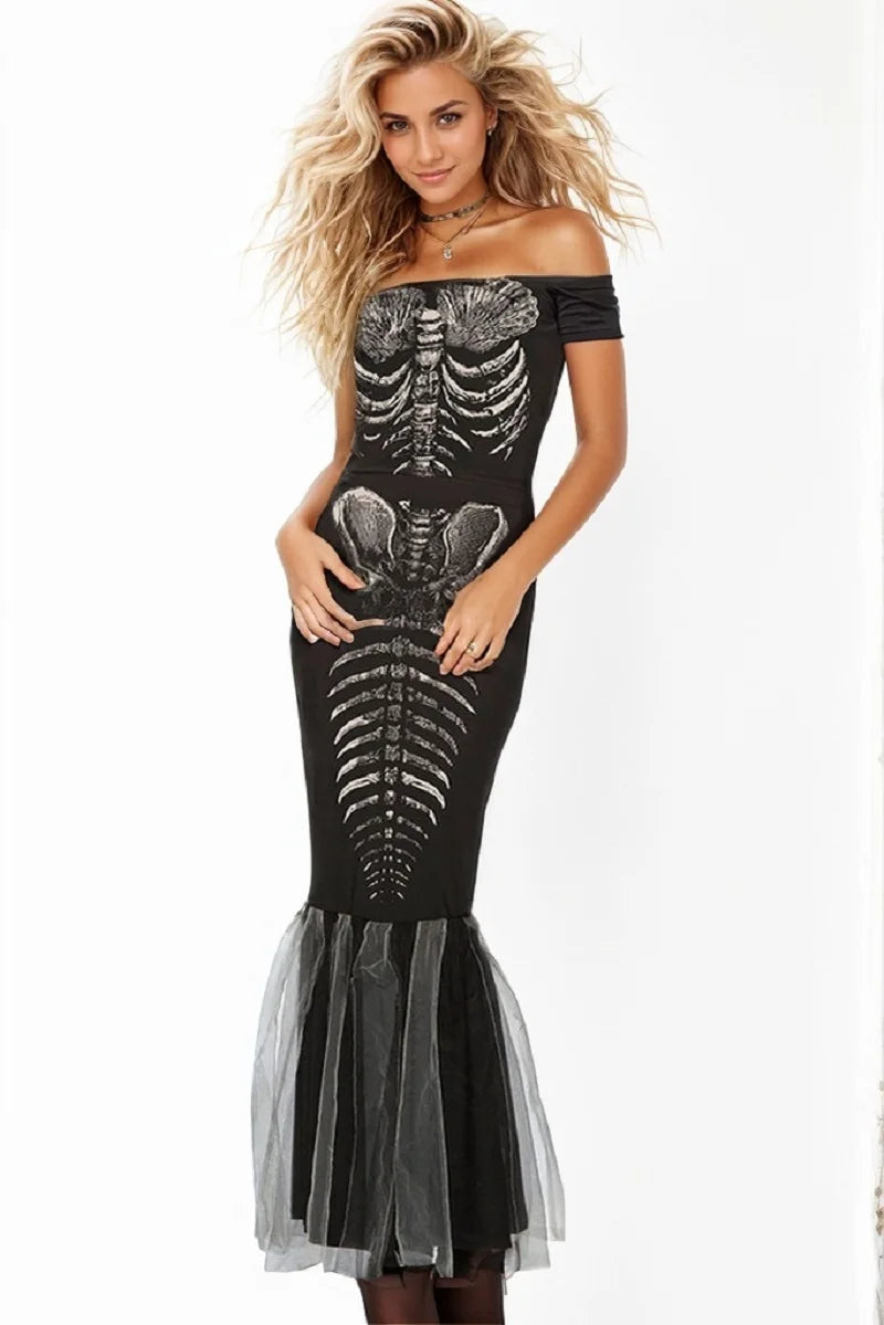 Gothic Mermaid Skeleton Dress Halloween Long Off-Shoulder Black Evening Gown Costume