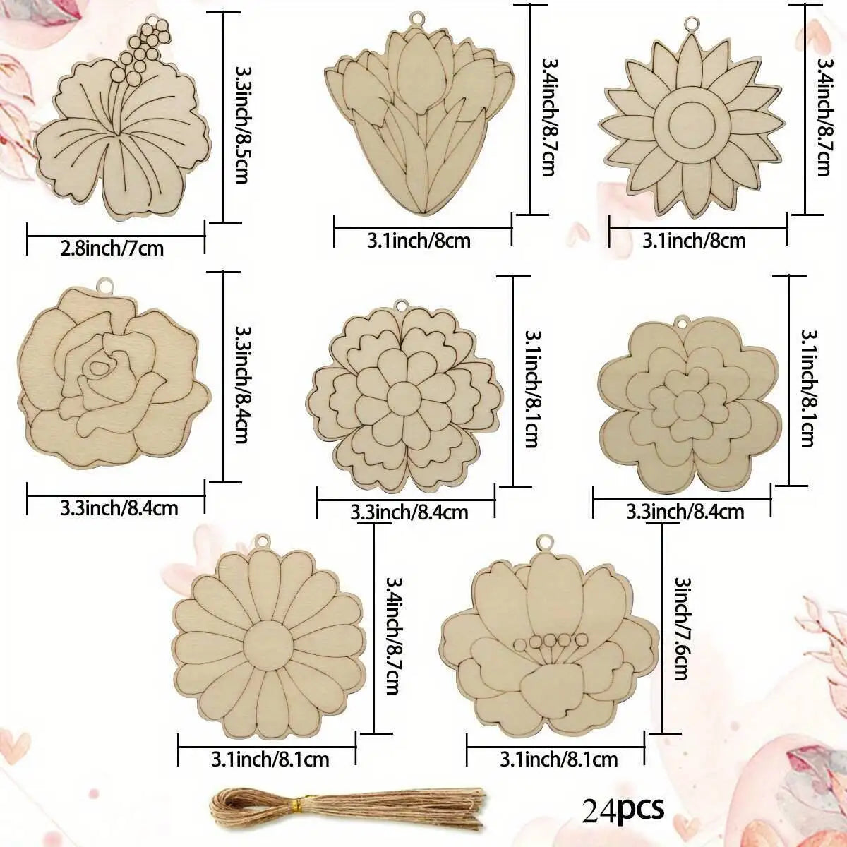 24Pcs Wooden Flower Head Hanging Ornaments For Decorations and Gifts DIY Wood Craft Project