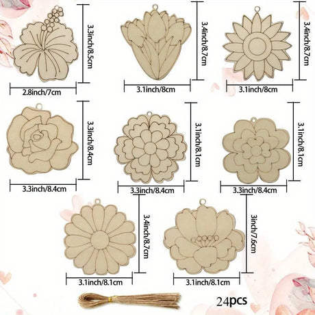 24Pcs Wooden Flower Head Hanging Ornaments For Decorations and Gifts DIY Wood Craft Project