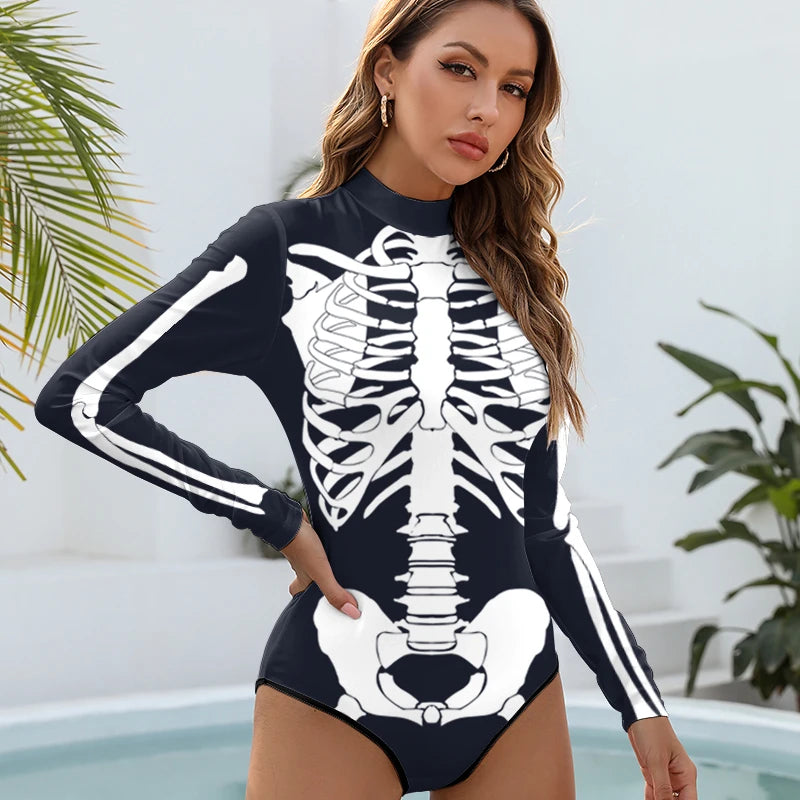 Skeleton Printed Long Sleeve Swimwear One-piece Surfing Swimsuit