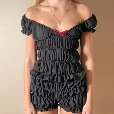 Cottagecore 2 Piece Set Lounging Wear Ruched Off Shoulder Crop Tops + Shorts Kawaii Pyjamas