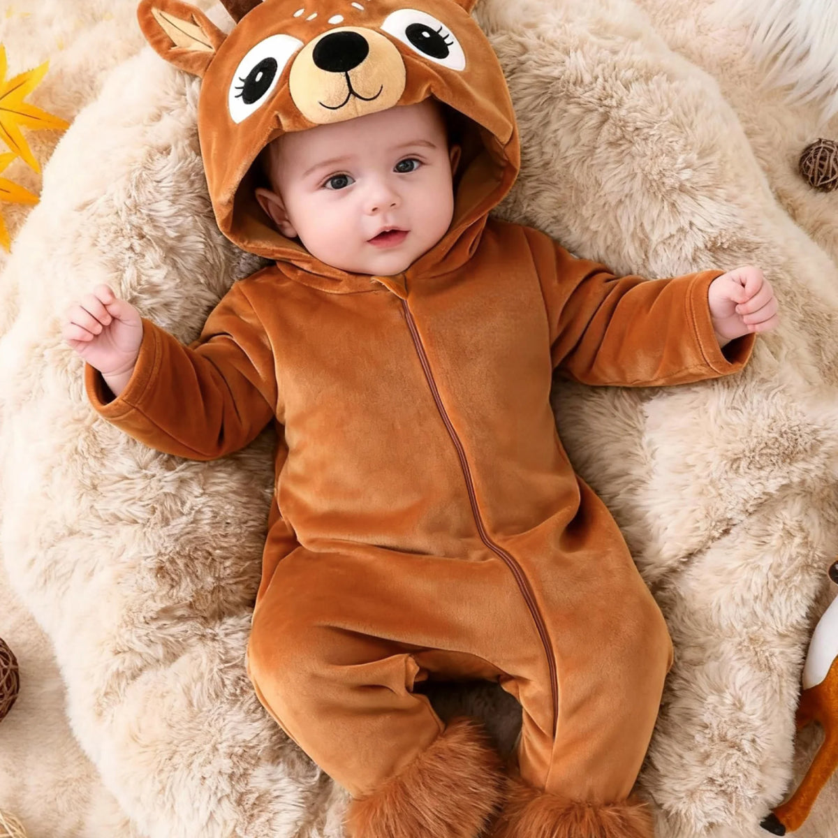 Baby Reindeer Costume Toddler Girls Boy Cute Plush Zipper Deer Hooded Romper for Christmas