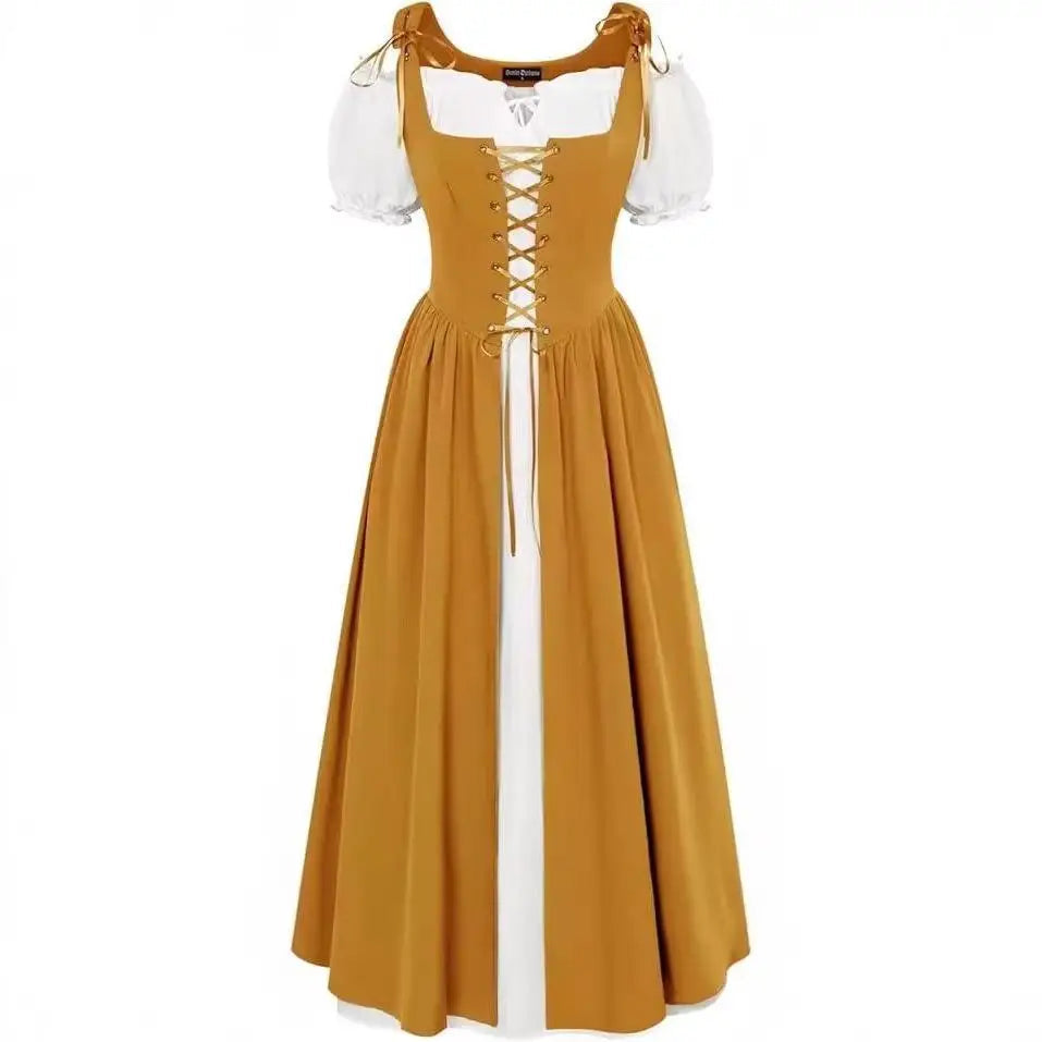 Medieval Cosplay Costume Women Two Layer Lace Up Bodice Dress