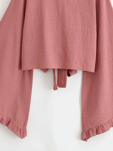Boho Star Moon Embroidered Short Kimono Wrap Top Ruffled Flare Sleeves Cover-ups