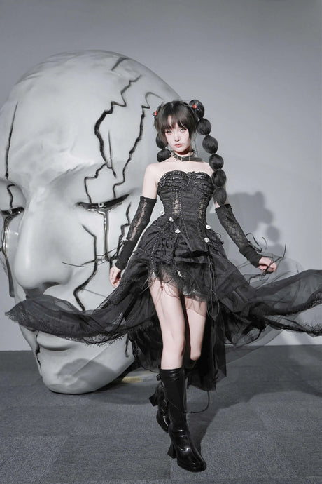 Pure Black Gothic Black Skeleton Hands Laced Corset Top