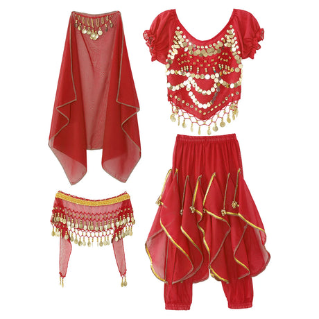 Girls Belly Dance Performance Outfit 4pcs Stage Costume Puff Sleeve Crop Top Ruffled Pants Hip Scarf Headscarf