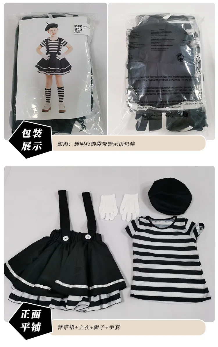 French Mime Pantomime Actor Clown Halloween Girls Stage Performance Costume Outfits Top+Strappy skirt+Hat+Gloves