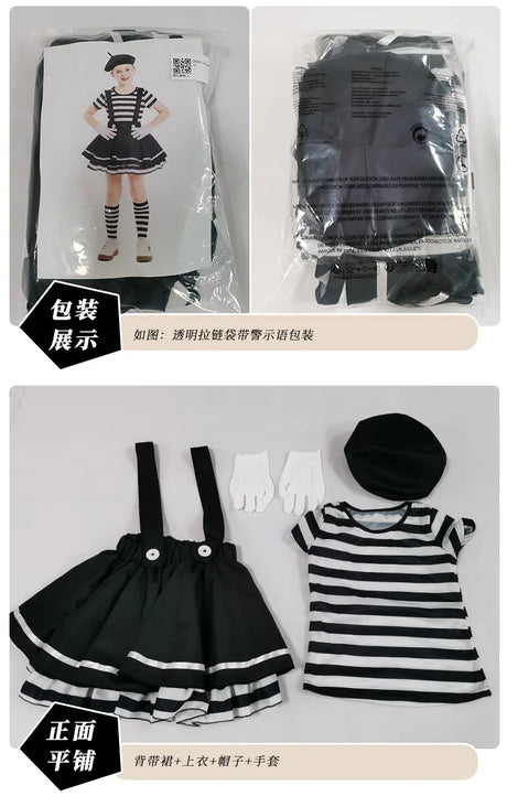 French Mime Pantomime Actor Clown Halloween Girls Stage Performance Costume Outfits Top+Strappy skirt+Hat+Gloves