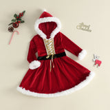 Girl Christmas Hood Dress 1-6Y Toddler Long Sleeves Cross Tie Winter Party Dress