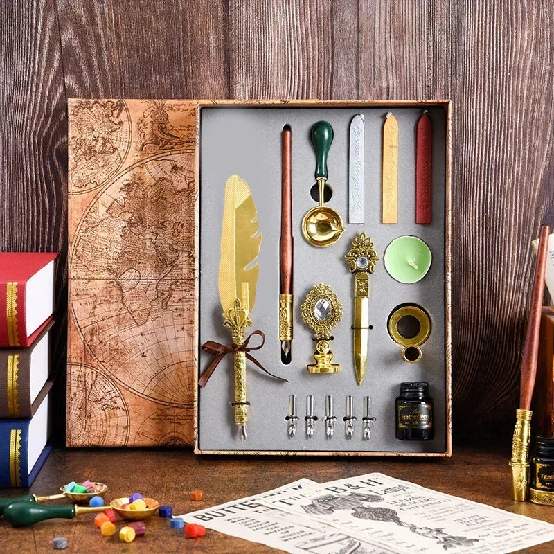 Golden Feather Quill Pens Set Dip Fountain Pens Ink Stationery Writing Gift Box Sets