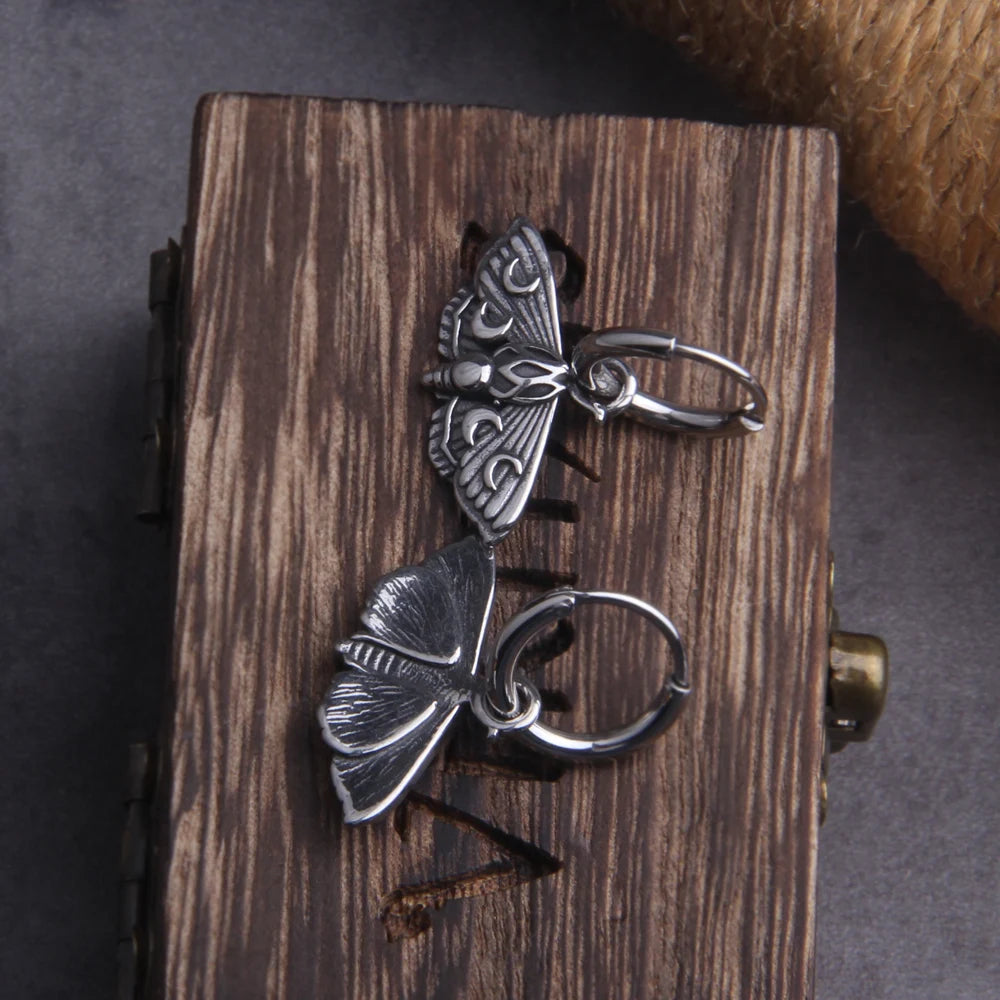 Pagan Moth Moon Phase Stainless Steel Earrings with Wooden Box