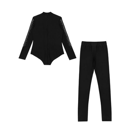 Boys Dance Leotard Ice Skating Gymnastic Long Sleeve Rhinestones Bodysuit with Leggings