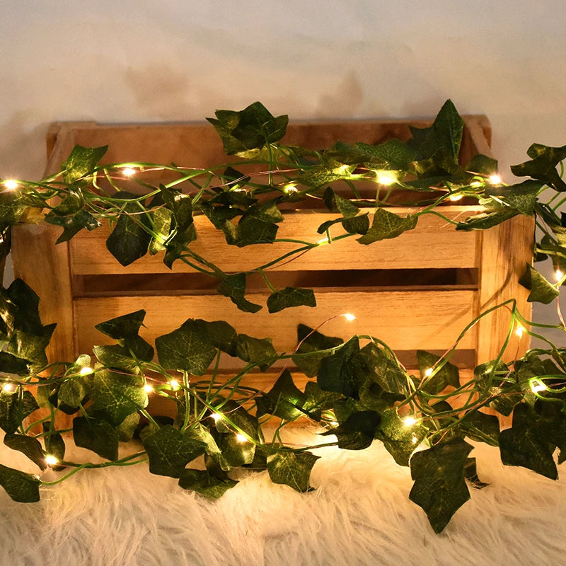 2/5/10M Silk Leaves Fake Creeper Green Leaf Ivy Vine LED String Lights Artificial Plants Decor