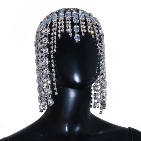 Bling Performance Rhinestone Long Fringed Hair Chain Wig Stage Headwear