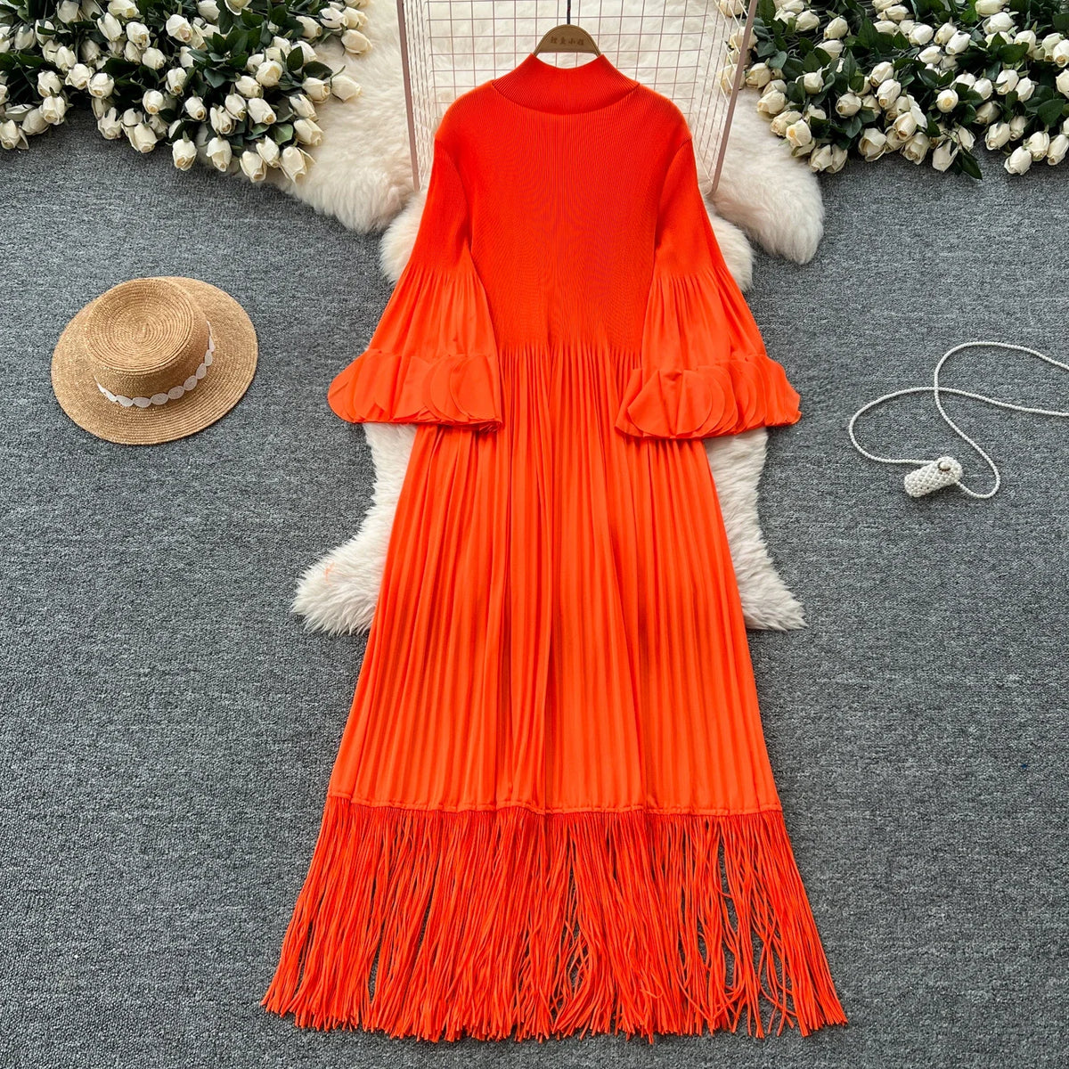 Petal Sleeves Pleated Tassel Dress Eight Colours