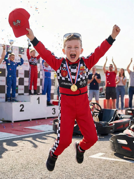Kids Racer Costume Set Halloween Cosplay Checkered Racing Jumpsuit Boys Book Week Costumes