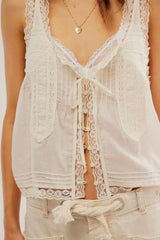 Pip's Summer Cotton Camis Crop Tops Boho Spliced Lace Tank Tops