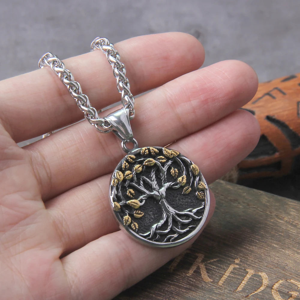Tree of Life Amulet Stainless Steel Pendant Necklace with Wooden Gift Box