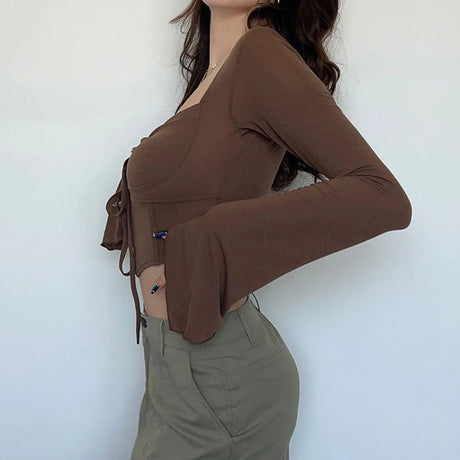 Y2k Chocolate Brown Flare Sleeve Top Matching Grunge Skirt