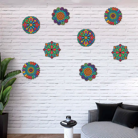 8Pcs Mandala Flower Wooden Shapes Set Unfinished Wood Wall Art DIY Craft