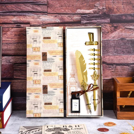 Golden Feather Quill Pens Set Dip Fountain Pens Ink Stationery Writing Gift Box Sets