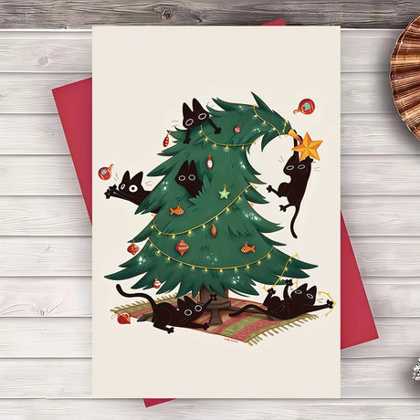 Christmas Card Mischievous Black Cat Climbing Xmas Tree