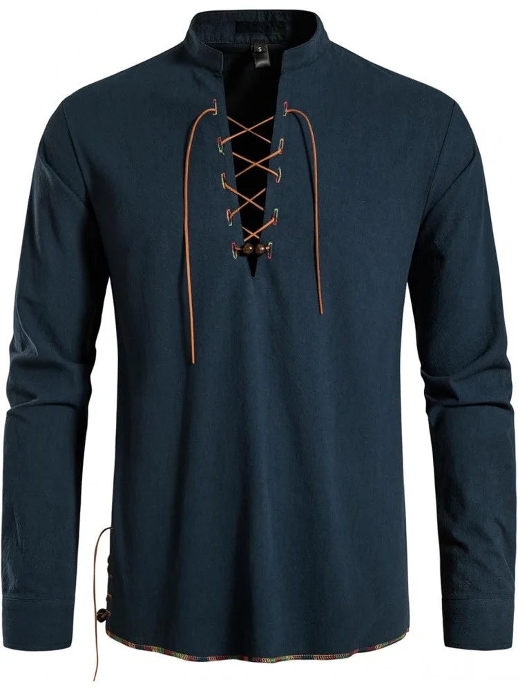 Men's Pure Cotton Medieval Lace Up Shirts Renaissance Pirate Viking T-shirt