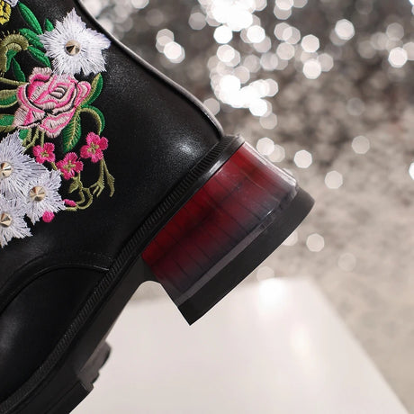 Wildflower Embroidery Lace Up Ankle Boots Black Platform Chunky Heels Large Sizes