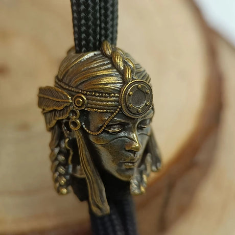 Tribal Warrior Woman Brass Paracord Lanyard Charm Dreadlock Beard Bead