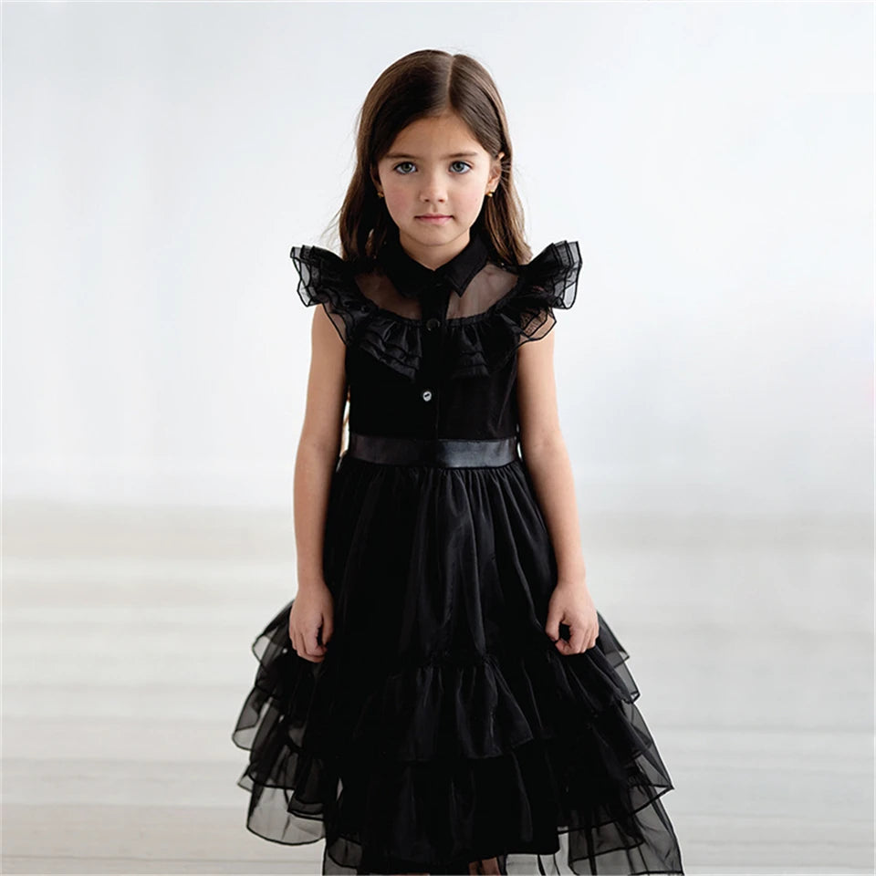 Wednesday Addams Cosplay Costume Girls Black Gothic Dress Sets
