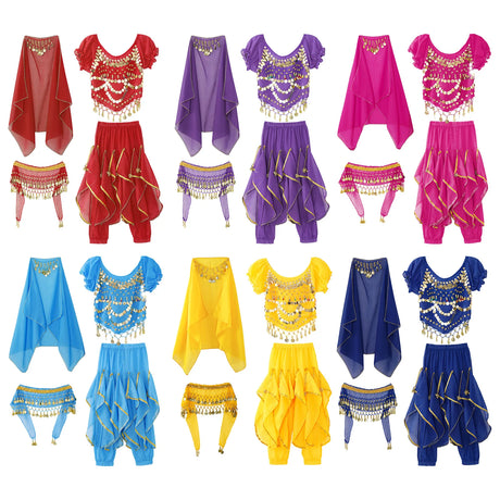 Girls Belly Dance Performance Outfit 4pcs Stage Costume Puff Sleeve Crop Top Ruffled Pants Hip Scarf Headscarf