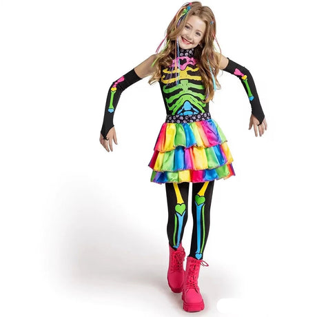 Neon Rainbow Skeleton Costume Tutu Dress Set Halloween Fancy Dress Day of The Dead Carnival Cosplay Party