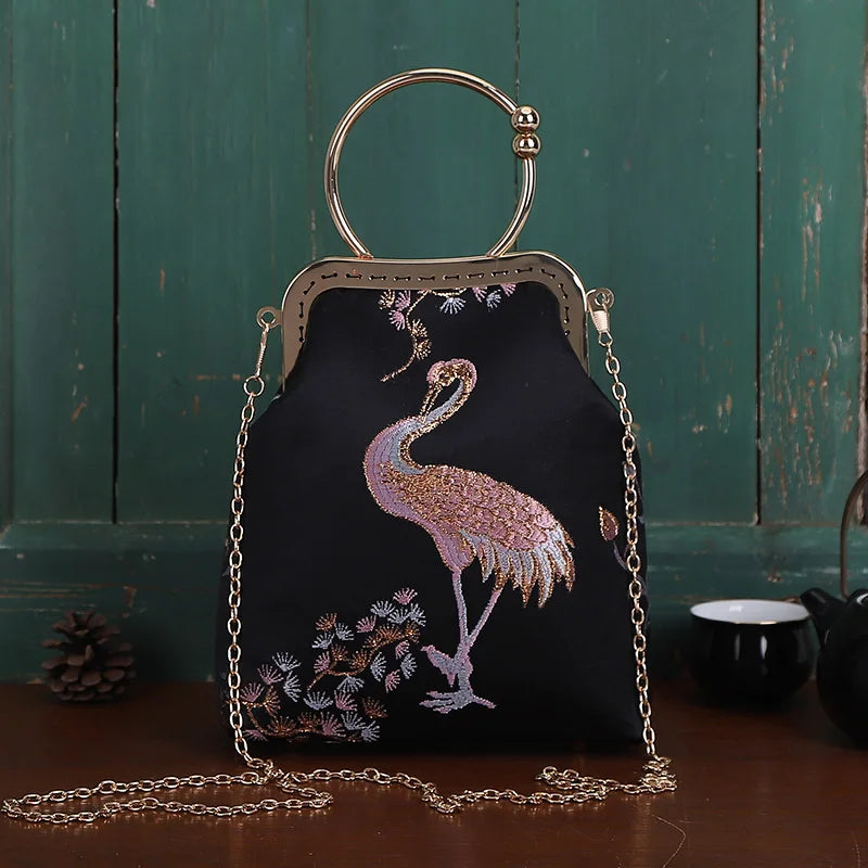 Embroidered Crane Vintage Inspired Handbag