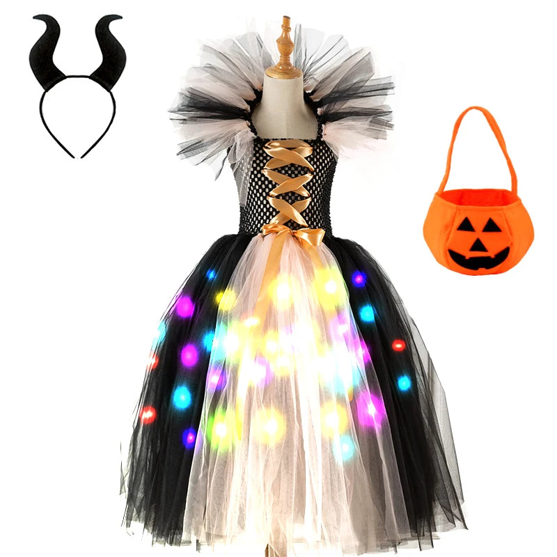Girls Witch Ghost Vampire Halloween Costume Fluffy Tulle Dress