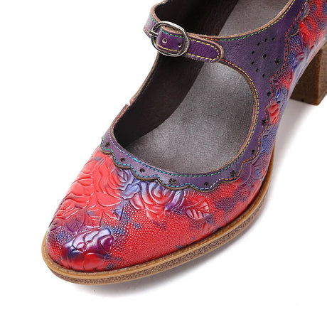 Sally's Embossed Genuine Leather Red Pump Heels Shoes