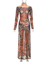 Tiger Print Mesh Dress Long Top Waist High Splits High Elasticity