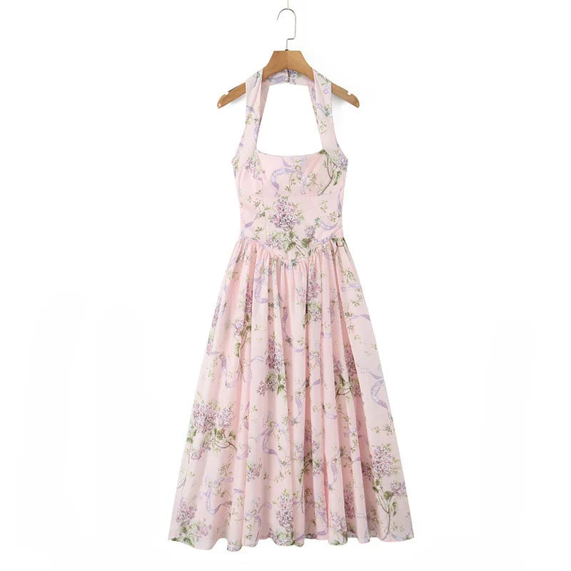 Ceony's Pink Floral Backless Halter Neck Dress