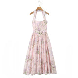 Ceony's Pink Floral Backless Halter Neck Dress