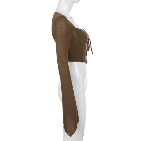 Y2k Chocolate Brown Flare Sleeve Top Matching Grunge Skirt