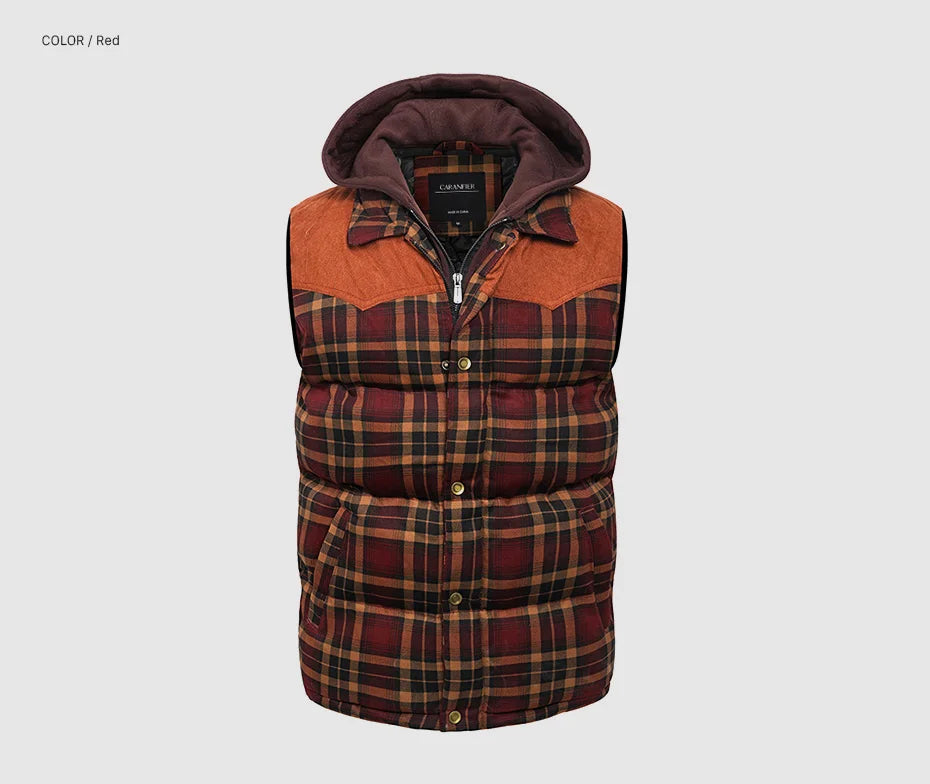 Woodsman Cotton Plaid Hooded Puffer Vest Jacket Thick Warm Winter Plaid Sleeveless Coat