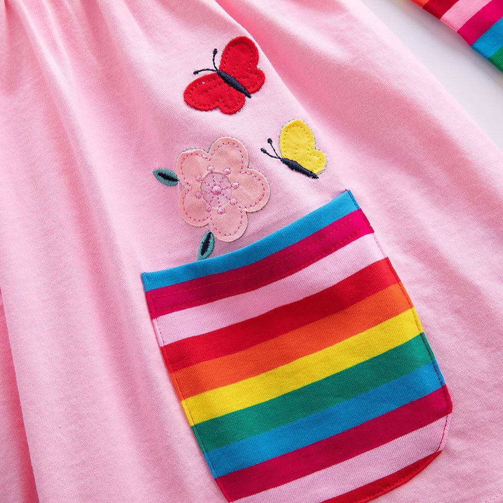 Girls' Long Sleeve Unicorn Dress Two Pockets Rainbow Sleeves