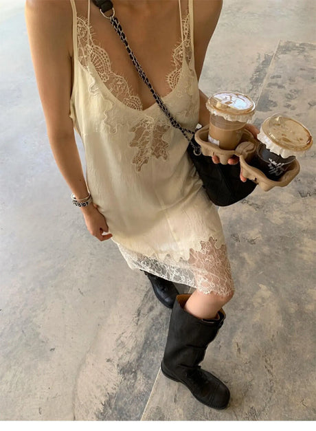 90s Lace Slip Dresses Vintage Silky Deep V-neck Dainty Punk Rock Grunge