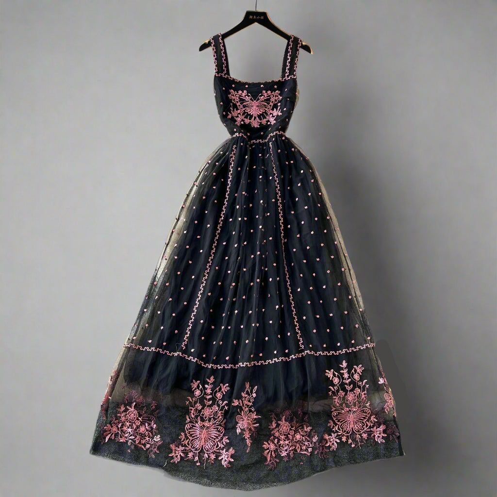 Larney's Butterfly Embroidered Square Collar Sweet Dress
