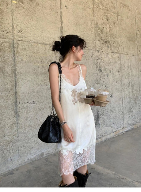 90s Lace Slip Dresses Vintage Silky Deep V-neck Dainty Punk Rock Grunge