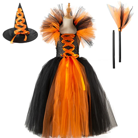 Girls Witch Ghost Vampire Halloween Costume Fluffy Tulle Dress