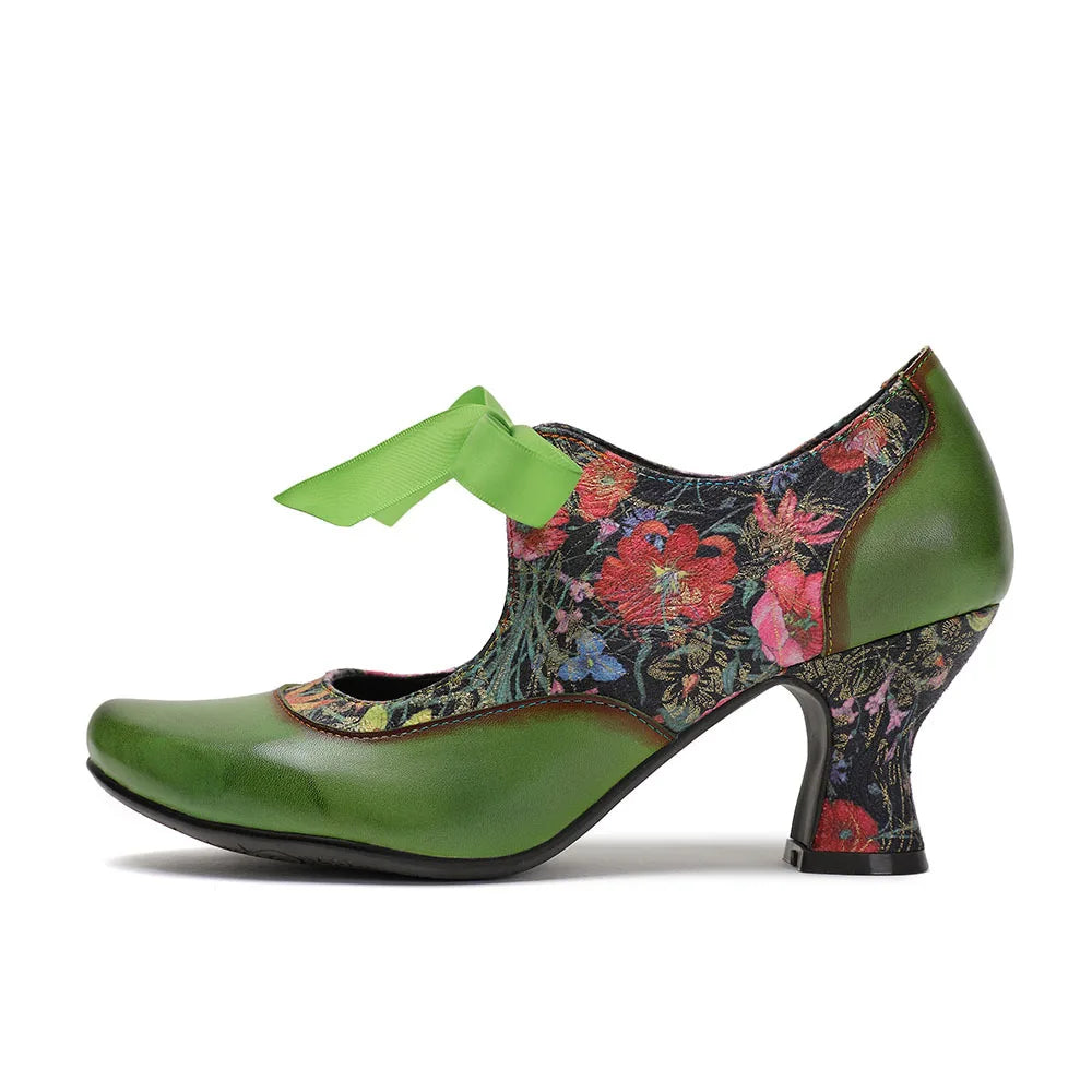 Sarah's Genuine Leather Green Pumps Heels Ribbon Lace Tie Shoes