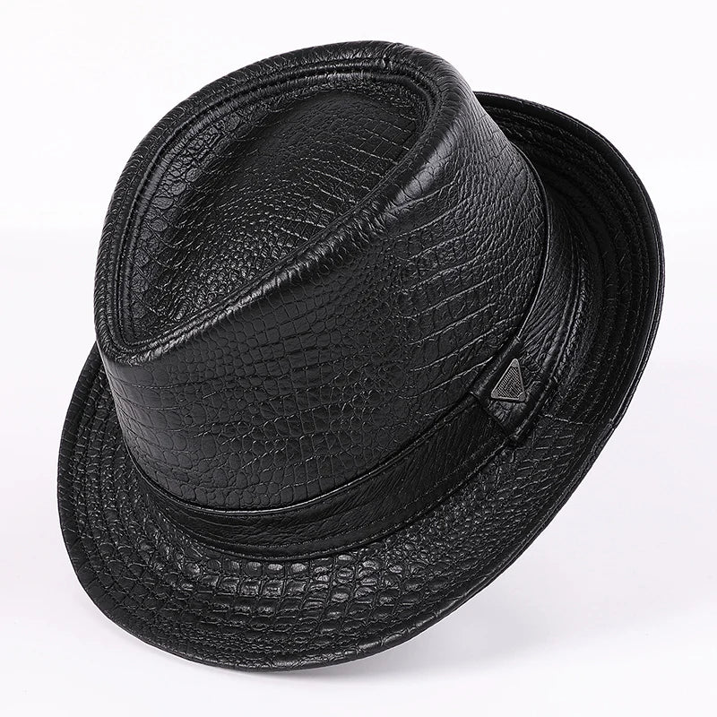 Genuine Leather Cowhide Short Brim Black/Brown Hat